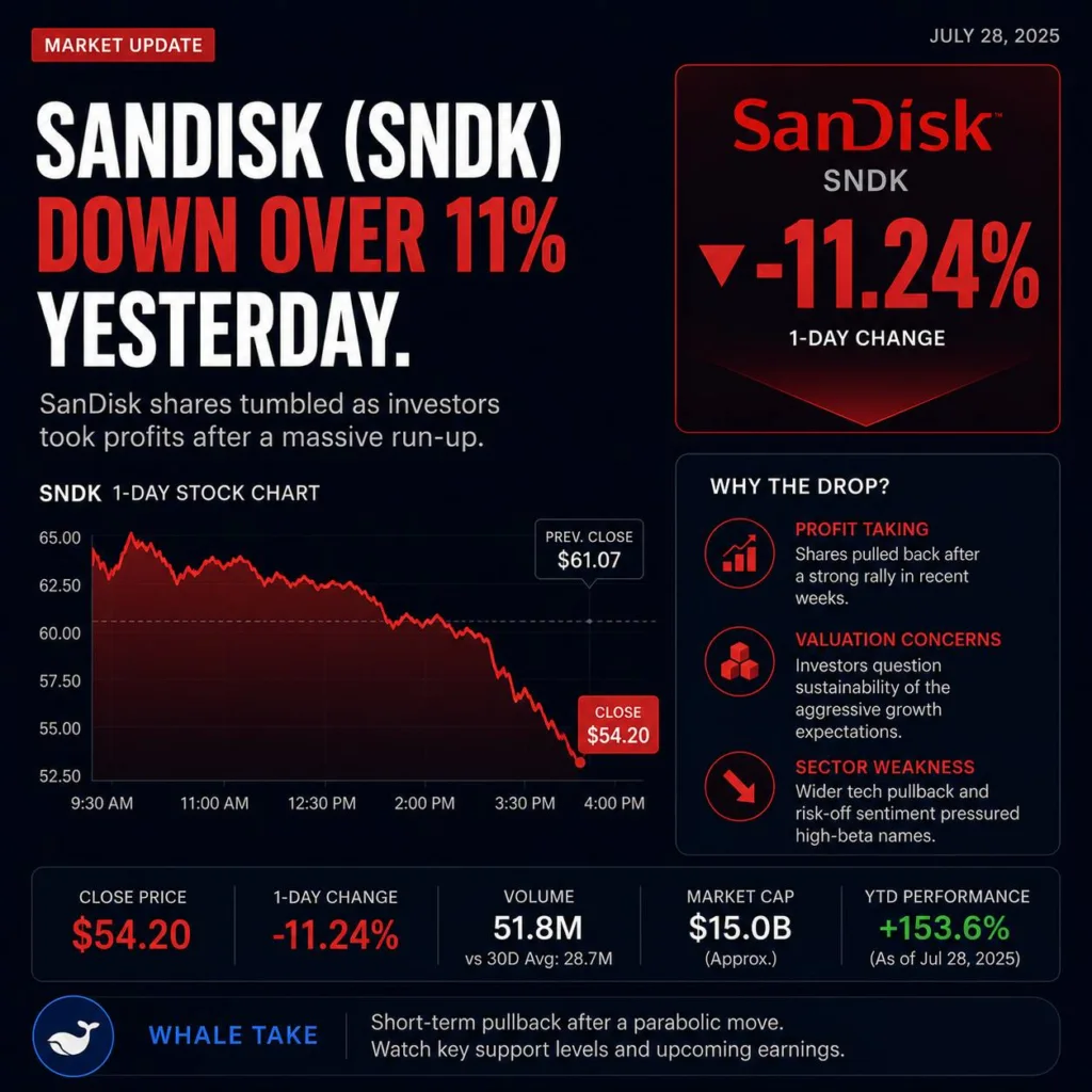 Sandisk market-note graphic showing the reported daily share-price decline and market concerns.