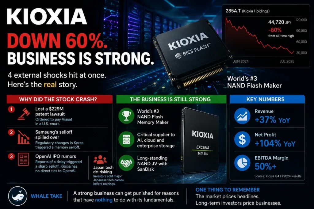 Kioxia market-note graphic comparing the share-price decline with operating performance and risks.